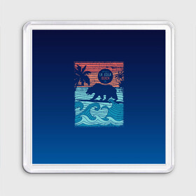 Магнит 55*55 с принтом Медведь на серфинге в Белгороде, Пластик | Размер: 65*65 мм; Размер печати: 55*55 мм | волны | закат | медведь | море | океан | отдых | отпуск | пальмы | серфинг