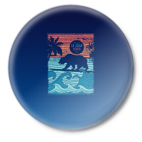 Значок с принтом Медведь на серфинге в Белгороде,  металл | круглая форма, металлическая застежка в виде булавки | Тематика изображения на принте: волны | закат | медведь | море | океан | отдых | отпуск | пальмы | серфинг