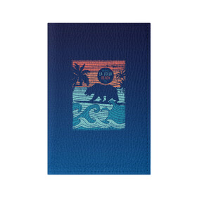 Обложка для паспорта матовая кожа с принтом Медведь на серфинге в Белгороде, натуральная матовая кожа | размер 19,3 х 13,7 см; прозрачные пластиковые крепления | волны | закат | медведь | море | океан | отдых | отпуск | пальмы | серфинг
