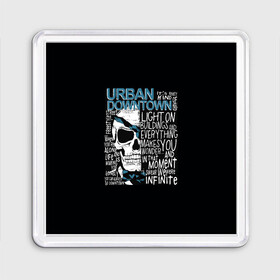 Магнит 55*55 с принтом URBAN Downtown в Белгороде, Пластик | Размер: 65*65 мм; Размер печати: 55*55 мм | Тематика изображения на принте: hell | skull | ад | скелет | ужасы | череп | черепушка