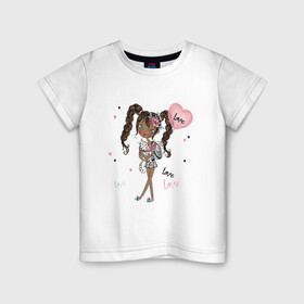 Детская футболка хлопок с принтом Милая Лола с котиком и шариком в Белгороде, 100% хлопок | круглый вырез горловины, полуприлегающий силуэт, длина до линии бедер | девушка | косички | кот | лола | любовь | малышка | милашка | мультяшка | сердце | шарик