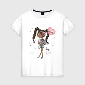 Женская футболка хлопок с принтом Милая Лола с котиком и шариком в Белгороде, 100% хлопок | прямой крой, круглый вырез горловины, длина до линии бедер, слегка спущенное плечо | девушка | косички | кот | лола | любовь | малышка | милашка | мультяшка | сердце | шарик
