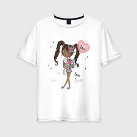 Женская футболка хлопок Oversize с принтом Милая Лола с котиком и шариком в Белгороде, 100% хлопок | свободный крой, круглый ворот, спущенный рукав, длина до линии бедер
 | девушка | косички | кот | лола | любовь | малышка | милашка | мультяшка | сердце | шарик