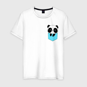 Мужская футболка хлопок с принтом Панда милашка в кармашке в Белгороде, 100% хлопок | прямой крой, круглый вырез горловины, длина до линии бедер, слегка спущенное плечо. | животное | карман | малышка | медведь | милашка