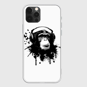 Чехол для iPhone 12 Pro Max с принтом Обезьяна Меломан в Белгороде, Силикон |  | black | blot | butterflies | chimpanzee | gorilla | headphones | ink | lover | monkey | music | sheet | white | бабочки | белое | горилла | клякса | меломан | музыка | наушники | ноты | обезьяна | спокойствие | умиротворение | чернила | черное