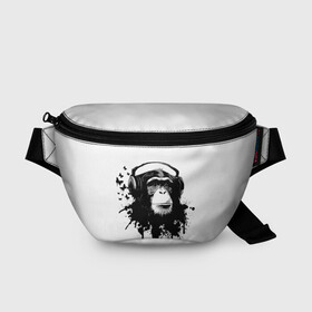 Поясная сумка 3D с принтом Обезьяна Меломан в Белгороде, 100% полиэстер | плотная ткань, ремень с регулируемой длиной, внутри несколько карманов для мелочей, основное отделение и карман с обратной стороны сумки застегиваются на молнию | black | blot | butterflies | chimpanzee | gorilla | headphones | ink | lover | monkey | music | sheet | white | бабочки | белое | горилла | клякса | меломан | музыка | наушники | ноты | обезьяна | спокойствие | умиротворение | чернила | черное