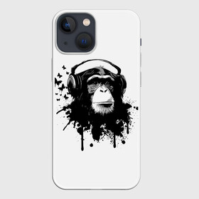 Чехол для iPhone 13 mini с принтом Обезьяна Меломан в Белгороде,  |  | black | blot | butterflies | chimpanzee | gorilla | headphones | ink | lover | monkey | music | sheet | white | бабочки | белое | горилла | клякса | меломан | музыка | наушники | ноты | обезьяна | спокойствие | умиротворение | чернила | черное