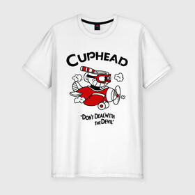 Мужская футболка хлопок Slim с принтом Cuphead на самолёте в Белгороде, 92% хлопок, 8% лайкра | приталенный силуэт, круглый вырез ворота, длина до линии бедра, короткий рукав | cuphead | cuphead and mugman | dont deal with the devil | игры | капхед | самолёт | чашеголовый