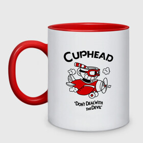 Кружка двухцветная с принтом Cuphead на самолёте в Белгороде, керамика | объем — 330 мл, диаметр — 80 мм. Цветная ручка и кайма сверху, в некоторых цветах — вся внутренняя часть | cuphead | cuphead and mugman | dont deal with the devil | игры | капхед | самолёт | чашеголовый