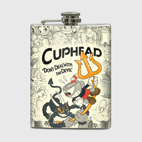 Фляга с принтом Cuphead and Devil в Белгороде, металлический корпус | емкость 0,22 л, размер 125 х 94 мм. Виниловая наклейка запечатывается полностью | cuphead | devil | dont deal with the devil | все персонажи | дьявол | игры | капхед | чашеголовый | черт