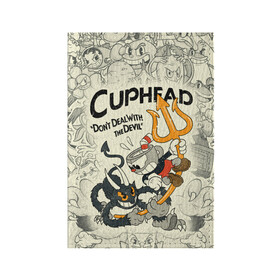 Обложка для паспорта матовая кожа с принтом Cuphead and Devil в Белгороде, натуральная матовая кожа | размер 19,3 х 13,7 см; прозрачные пластиковые крепления | cuphead | devil | dont deal with the devil | все персонажи | дьявол | игры | капхед | чашеголовый | черт