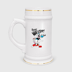 Кружка пивная с принтом Ready? Wallop! Cuphead в Белгороде,  керамика (Материал выдерживает высокую температуру, стоит избегать резкого перепада температур) |  объем 630 мл | cuphead | cuphead and mugman | mugman | ready | wallop | игры | капхед | чашеголовый