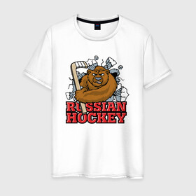 Мужская футболка хлопок с принтом Русский хоккей. Вперед Россия! в Белгороде, 100% хлопок | прямой крой, круглый вырез горловины, длина до линии бедер, слегка спущенное плечо. | Тематика изображения на принте: hockey | russia | клюшка | краснаямашина | россия | сборная | хоккей | шайба