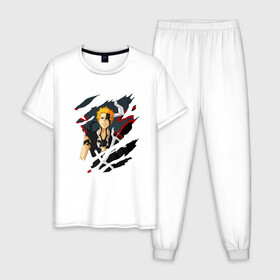 Мужская пижама хлопок с принтом Ичиго Куросаки в Белгороде, 100% хлопок | брюки и футболка прямого кроя, без карманов, на брюках мягкая резинка на поясе и по низу штанин
 | bleach | kurosaki ichigo | аниме | блич | ичиго | куросаки | манга