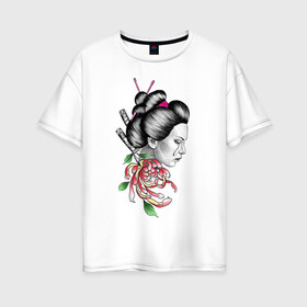 Женская футболка хлопок Oversize с принтом Азиатская девушка в Белгороде, 100% хлопок | свободный крой, круглый ворот, спущенный рукав, длина до линии бедер
 | красиво | нежные | ниндзя | пионы | самурай | тату | цветы | япония
