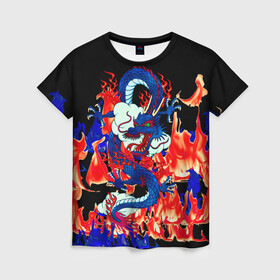 Женская футболка 3D с принтом Огненный Дракон в Белгороде, 100% полиэфир ( синтетическое хлопкоподобное полотно) | прямой крой, круглый вырез горловины, длина до линии бедер | Тематика изображения на принте: akatsuki | beast | dragon | fire | акацуки | дракон | животные | зверь | змей | когти | облако | огонь | узор | чб | японский
