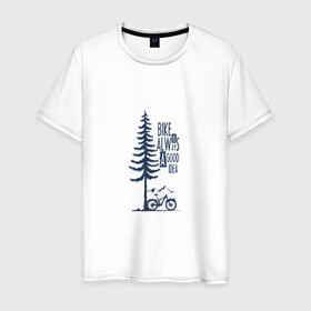 Мужская футболка хлопок с принтом Gooood Idea в Белгороде, 100% хлопок | прямой крой, круглый вырез горловины, длина до линии бедер, слегка спущенное плечо. | mtb | байк | велосипед | горы | дерево | лес | мтб | спорт