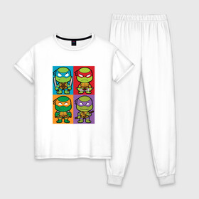 Женская пижама хлопок с принтом Ninja Turtles в Белгороде, 100% хлопок | брюки и футболка прямого кроя, без карманов, на брюках мягкая резинка на поясе и по низу штанин | donatello | leonardo | michelangelo | ninja | pizza | raphael | turtles | донателло | животные | карате | комикс | комиксы | леонардо | микеланджело | мультфильм | мутант | мутанты | ниндзя | пицца | рафаэль | сплинтер | супергерой