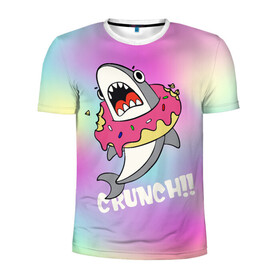 Мужская футболка 3D спортивная с принтом Акула с пончиком Сrunch в Белгороде, 100% полиэстер с улучшенными характеристиками | приталенный силуэт, круглая горловина, широкие плечи, сужается к линии бедра | акула | глазурь | градиент | десерт | зубы | пончик | укус