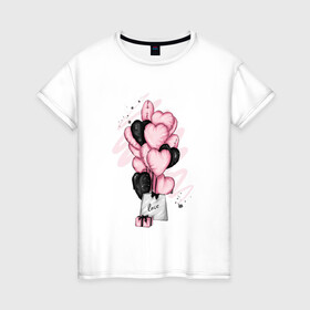 Женская футболка хлопок с принтом Шарики сердечки с подарком в Белгороде, 100% хлопок | прямой крой, круглый вырез горловины, длина до линии бедер, слегка спущенное плечо | бантик | девушка | любовь | подарок | сердце | шарики