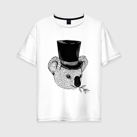 Женская футболка хлопок Oversize с принтом Коала Джентльмен в Цилиндре в Белгороде, 100% хлопок | свободный крой, круглый ворот, спущенный рукав, длина до линии бедер
 | art | bear | coala | gentleman | illustration | koala | top hap | австралия | арт | иллюстрация | медведь | рисунок | сумчатые | цилиндр | шляпа | эвкалипт