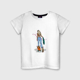 Детская футболка хлопок с принтом Девушка на скейте в Белгороде, 100% хлопок | круглый вырез горловины, полуприлегающий силуэт, длина до линии бедер | блондинка | девушка | джинсы | скейт | спорт | фитоняша