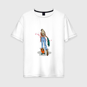 Женская футболка хлопок Oversize с принтом Девушка на скейте в Белгороде, 100% хлопок | свободный крой, круглый ворот, спущенный рукав, длина до линии бедер
 | блондинка | девушка | джинсы | скейт | спорт | фитоняша