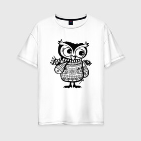 Женская футболка хлопок Oversize с принтом Совушка с цветочком в Белгороде, 100% хлопок | свободный крой, круглый ворот, спущенный рукав, длина до линии бедер
 | owl | owls | сова | совушка | совы | филин | фраза | юмор