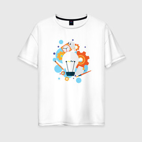 Женская футболка хлопок Oversize с принтом Наука в Белгороде, 100% хлопок | свободный крой, круглый ворот, спущенный рукав, длина до линии бедер
 | карандаш | кисть | лампочка | наука | рисунок | часы | шестеренки