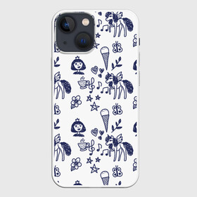 Чехол для iPhone 13 mini с принтом Девчачий дудл в Белгороде,  |  | doodle | бабочка | белый | девочка | дудл | дудлы | единорог | звезда | звёзды | корона | листья | лошадка | мороженое | ноты | пегас | пони | сердечко | сердца | сердце | синий | сладость | цветок