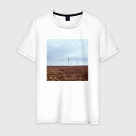 Мужская футболка хлопок с принтом Ветрогенераторы в поле в Белгороде, 100% хлопок | прямой крой, круглый вырез горловины, длина до линии бедер, слегка спущенное плечо. | ветрогенератор | день | небо | облака | экология