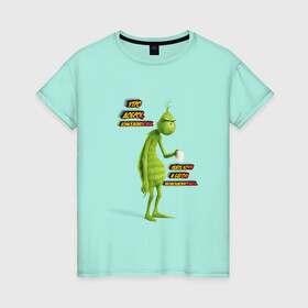 Женская футболка хлопок с принтом Гринч в Белгороде, 100% хлопок | прямой крой, круглый вырез горловины, длина до линии бедер, слегка спущенное плечо | гринч | грустный | зеленый | кофе | кружка | мультфильм | утро