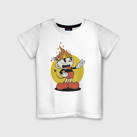 Детская футболка хлопок с принтом Cuphead в Белгороде, 100% хлопок | круглый вырез горловины, полуприлегающий силуэт, длина до линии бедер | cartoon | cuphead | fire | game | illustration | mugman