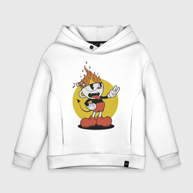 Детское худи Oversize хлопок с принтом Cuphead в Белгороде, френч-терри — 70% хлопок, 30% полиэстер. Мягкий теплый начес внутри —100% хлопок | боковые карманы, эластичные манжеты и нижняя кромка, капюшон на магнитной кнопке | Тематика изображения на принте: cartoon | cuphead | fire | game | illustration | mugman