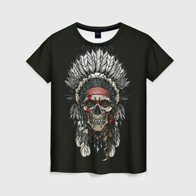 Женская футболка 3D с принтом Indian Skull в Белгороде, 100% полиэфир ( синтетическое хлопкоподобное полотно) | прямой крой, круглый вырез горловины, длина до линии бедер | skeleton | skulls | вождь | индеец | индия | скелет | череп | черепушка