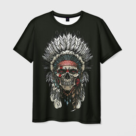 Мужская футболка 3D с принтом Indian Skull в Белгороде, 100% полиэфир | прямой крой, круглый вырез горловины, длина до линии бедер | Тематика изображения на принте: skeleton | skulls | вождь | индеец | индия | скелет | череп | черепушка