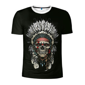 Мужская футболка 3D спортивная с принтом Indian Skull в Белгороде, 100% полиэстер с улучшенными характеристиками | приталенный силуэт, круглая горловина, широкие плечи, сужается к линии бедра | skeleton | skulls | вождь | индеец | индия | скелет | череп | черепушка