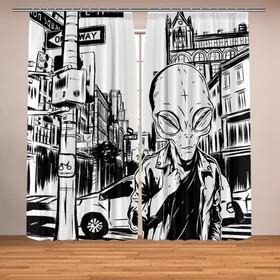 Фотошторы с принтом Портрет пришельца в Нью Йорке в Белгороде, Блэкаут (светозащита 90%) / Габардин (светозащита 40% | 2 полотна шириной по 145 см; Высота 200-300 см; Крепление: шторная лента (на крючки); | alien | art | hipster | illustration | landscape | new york | ufo | арт | иллюстрация | инопланетянин | картина | нло | нью йорк | пейзаж | пешеходный переход | пришелец | рисунок | рисунок карандашом | светофор | указатель