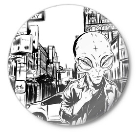 Значок с принтом Портрет пришельца в Нью Йорке в Белгороде,  металл | круглая форма, металлическая застежка в виде булавки | alien | art | hipster | illustration | landscape | new york | ufo | арт | иллюстрация | инопланетянин | картина | нло | нью йорк | пейзаж | пешеходный переход | пришелец | рисунок | рисунок карандашом | светофор | указатель