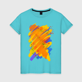 Женская футболка хлопок с принтом Яркость красок в Белгороде, 100% хлопок | прямой крой, круглый вырез горловины, длина до линии бедер, слегка спущенное плечо | art | orange | print | брызги | краски | принт | пятна | творчество | яркость