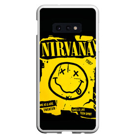 Чехол для Samsung S10E с принтом Nirvana 1987 в Белгороде, Силикон | Область печати: задняя сторона чехла, без боковых панелей | album | curt | kobain | logo | music | nevermind | nirvana | rock | smells like | smile | teen spirit | альбом | гитара | курт кобейн | логотип | музыка | невермайнд | нирвана | рок | смайл | стикер