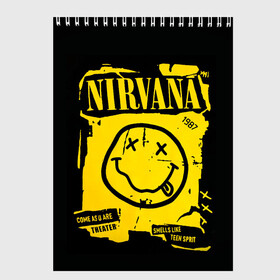 Скетчбук с принтом Nirvana 1987 в Белгороде, 100% бумага
 | 48 листов, плотность листов — 100 г/м2, плотность картонной обложки — 250 г/м2. Листы скреплены сверху удобной пружинной спиралью | Тематика изображения на принте: album | curt | kobain | logo | music | nevermind | nirvana | rock | smells like | smile | teen spirit | альбом | гитара | курт кобейн | логотип | музыка | невермайнд | нирвана | рок | смайл | стикер