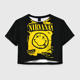 Женская футболка Crop-top 3D с принтом Nirvana 1987 в Белгороде, 100% полиэстер | круглая горловина, длина футболки до линии талии, рукава с отворотами | album | curt | kobain | logo | music | nevermind | nirvana | rock | smells like | smile | teen spirit | альбом | гитара | курт кобейн | логотип | музыка | невермайнд | нирвана | рок | смайл | стикер