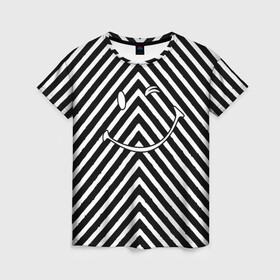 Женская футболка 3D с принтом Ulybaka BlackWhite в Белгороде, 100% полиэфир ( синтетическое хлопкоподобное полотно) | прямой крой, круглый вырез горловины, длина до линии бедер | emoji | диагональ | мем | мемный | полосатый | полосы | смайл | смайлик | улыбака | чб | черно белая | эмоджи