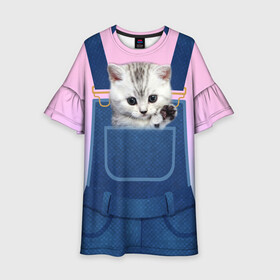 Детское платье 3D с принтом Котенок в кармане в Белгороде, 100% полиэстер | прямой силуэт, чуть расширенный к низу. Круглая горловина, на рукавах — воланы | Тематика изображения на принте: в кармане | в кармашке | животные | комбинезон | кот | котенок | котик | кошка