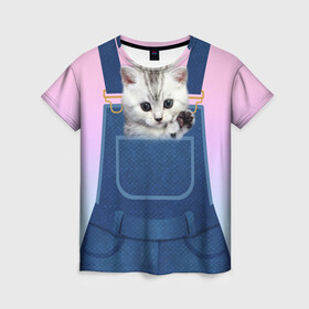 Женская футболка 3D с принтом Котенок в кармане в Белгороде, 100% полиэфир ( синтетическое хлопкоподобное полотно) | прямой крой, круглый вырез горловины, длина до линии бедер | в кармане | в кармашке | животные | комбинезон | кот | котенок | котик | кошка