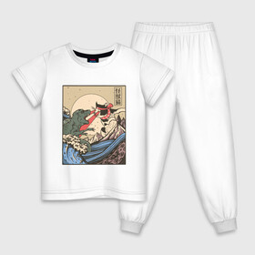 Детская пижама хлопок с принтом Cat Kong versus Godzilla Kaiju в Белгороде, 100% хлопок |  брюки и футболка прямого кроя, без карманов, на брюках мягкая резинка на поясе и по низу штанин
 | Тематика изображения на принте: catzilla | japan | kitty | poster parody | samurai | ukiyo e | wave | арт | большая волна | гигантский котёнок | гигантский монстр | годзилла против кинг конга | кайдзю | кот | котзилла | котик | котята | пародия на постер