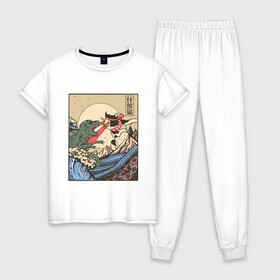 Женская пижама хлопок с принтом Cat Kong versus Godzilla Kaiju в Белгороде, 100% хлопок | брюки и футболка прямого кроя, без карманов, на брюках мягкая резинка на поясе и по низу штанин | Тематика изображения на принте: catzilla | japan | kitty | poster parody | samurai | ukiyo e | wave | арт | большая волна | гигантский котёнок | гигантский монстр | годзилла против кинг конга | кайдзю | кот | котзилла | котик | котята | пародия на постер