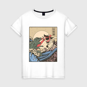Женская футболка хлопок с принтом Cat Kong versus Godzilla Kaiju в Белгороде, 100% хлопок | прямой крой, круглый вырез горловины, длина до линии бедер, слегка спущенное плечо | Тематика изображения на принте: catzilla | japan | kitty | poster parody | samurai | ukiyo e | wave | арт | большая волна | гигантский котёнок | гигантский монстр | годзилла против кинг конга | кайдзю | кот | котзилла | котик | котята | пародия на постер