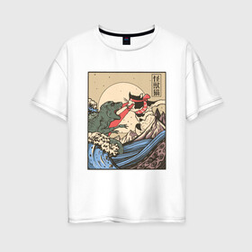Женская футболка хлопок Oversize с принтом Cat Kong versus Godzilla Kaiju в Белгороде, 100% хлопок | свободный крой, круглый ворот, спущенный рукав, длина до линии бедер
 | catzilla | japan | kitty | poster parody | samurai | ukiyo e | wave | арт | большая волна | гигантский котёнок | гигантский монстр | годзилла против кинг конга | кайдзю | кот | котзилла | котик | котята | пародия на постер